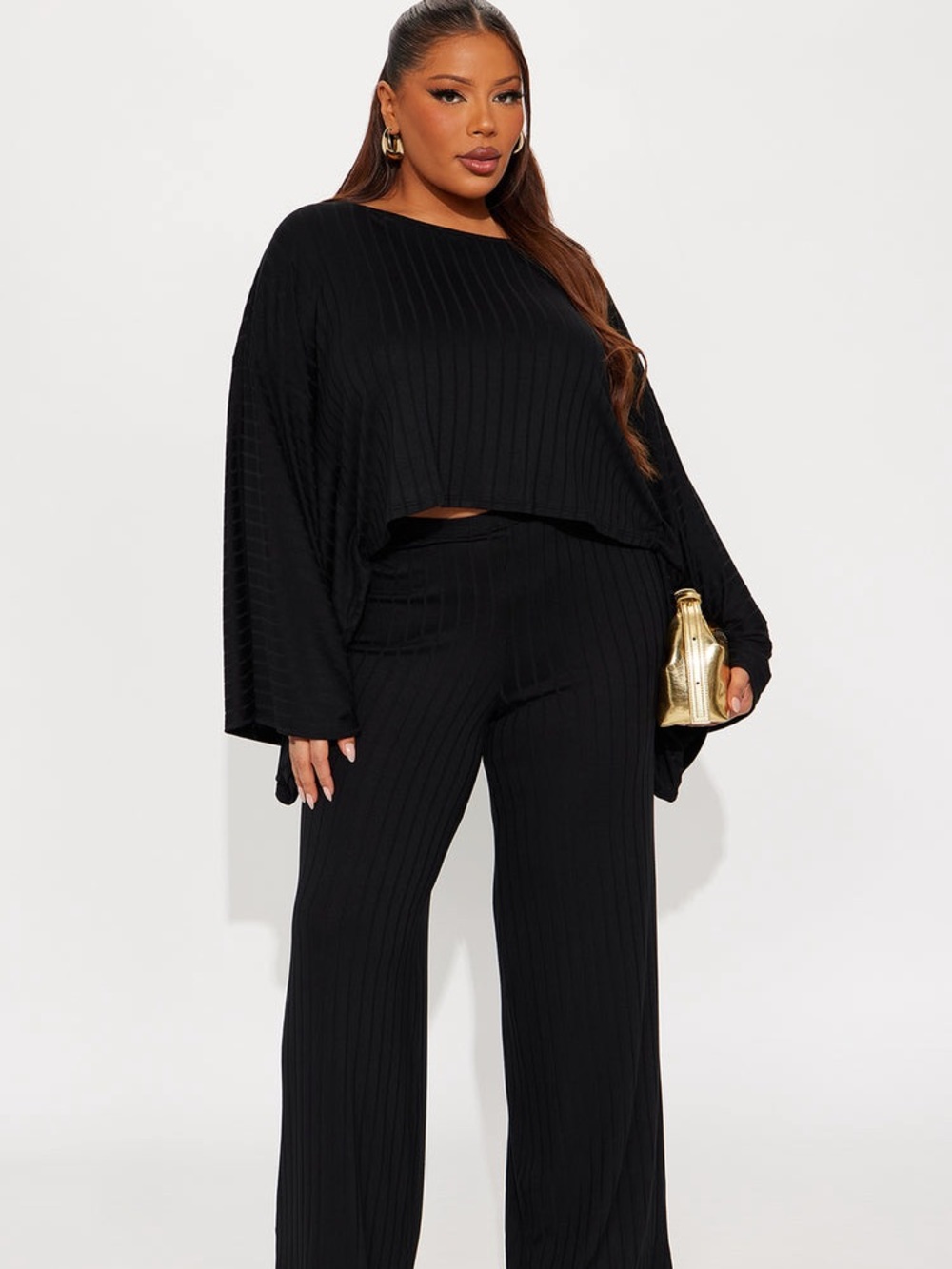 Fashion Nova Black Ribbed Wide-Leg Pants & Matching Top Set